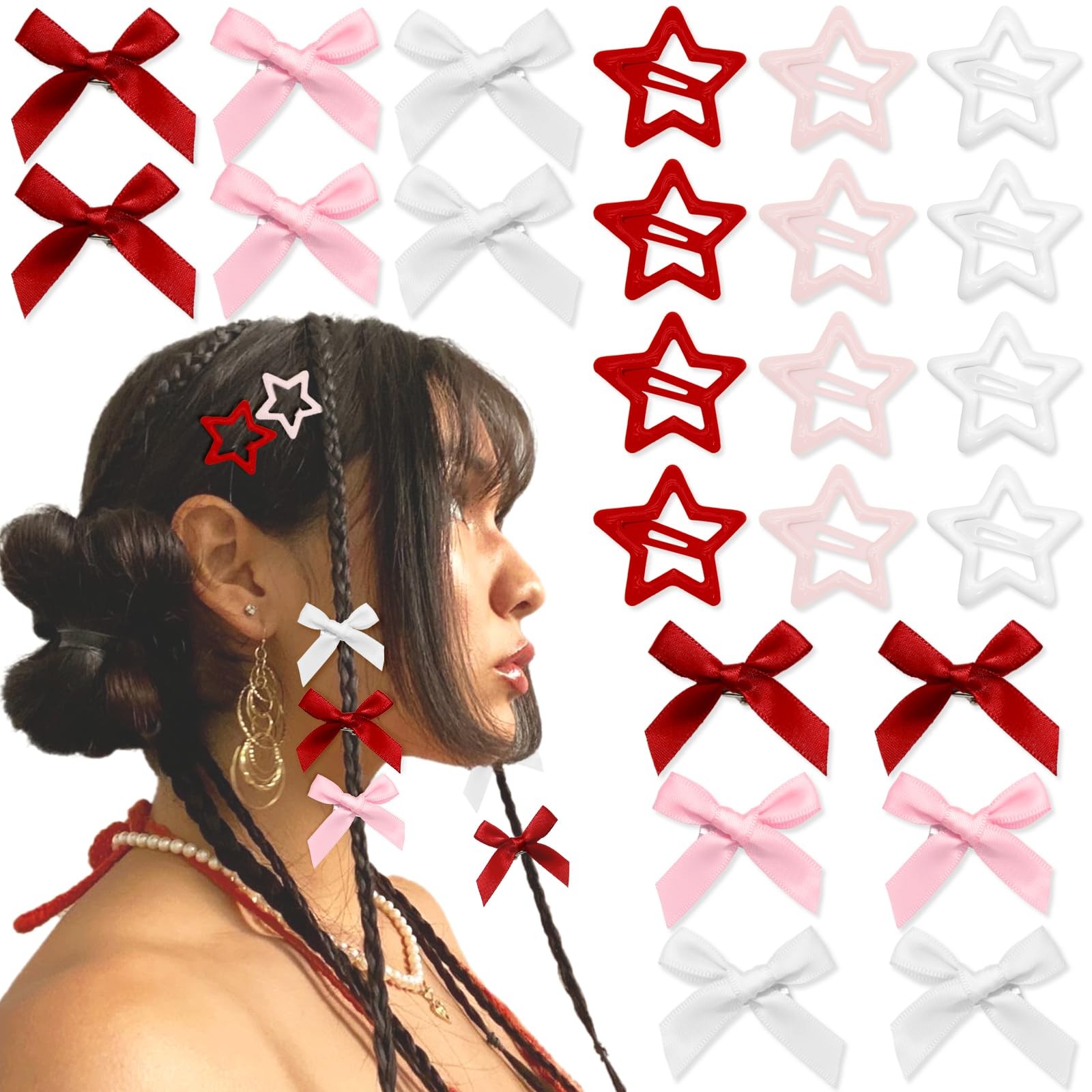 24PCS Hair Clips Set – 3 Colors White, Red, Pink Mini Satin Bows and Star Sna…