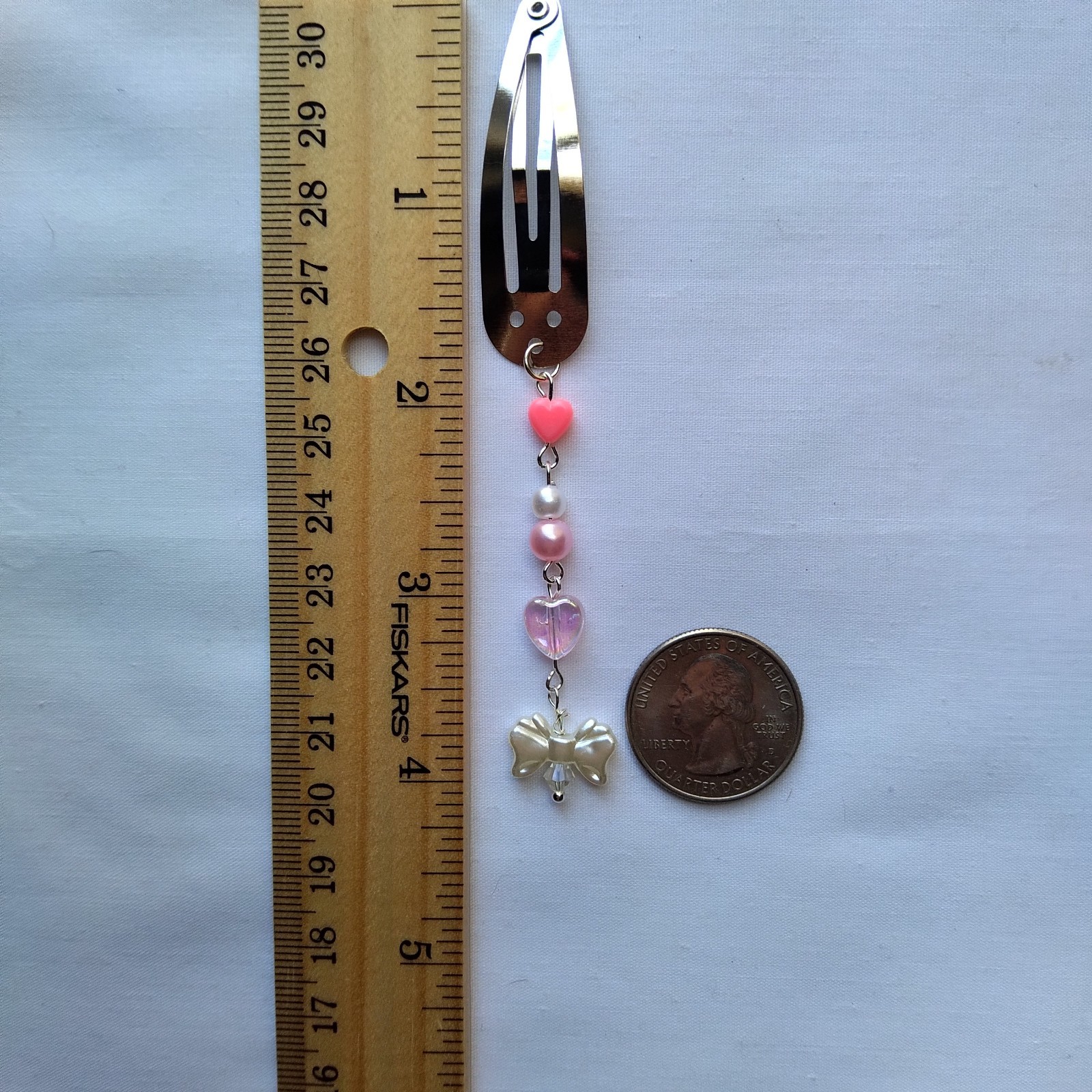 White Bow Pink Heart Beaded Cottagecore Dangle Accessory Hair Clip Barrette