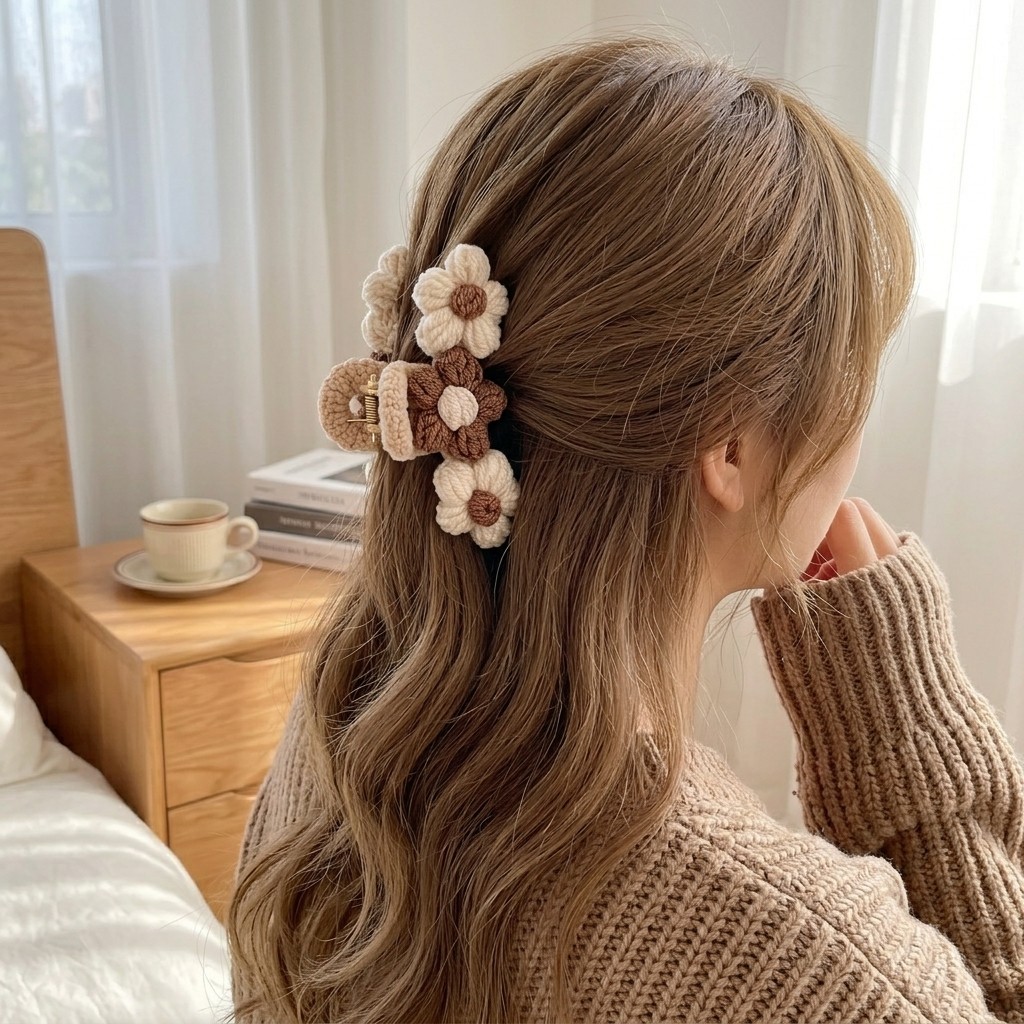 Brown Beige Crochet Flower Hair Claw Clip Floral Knit Hair Claw for Women