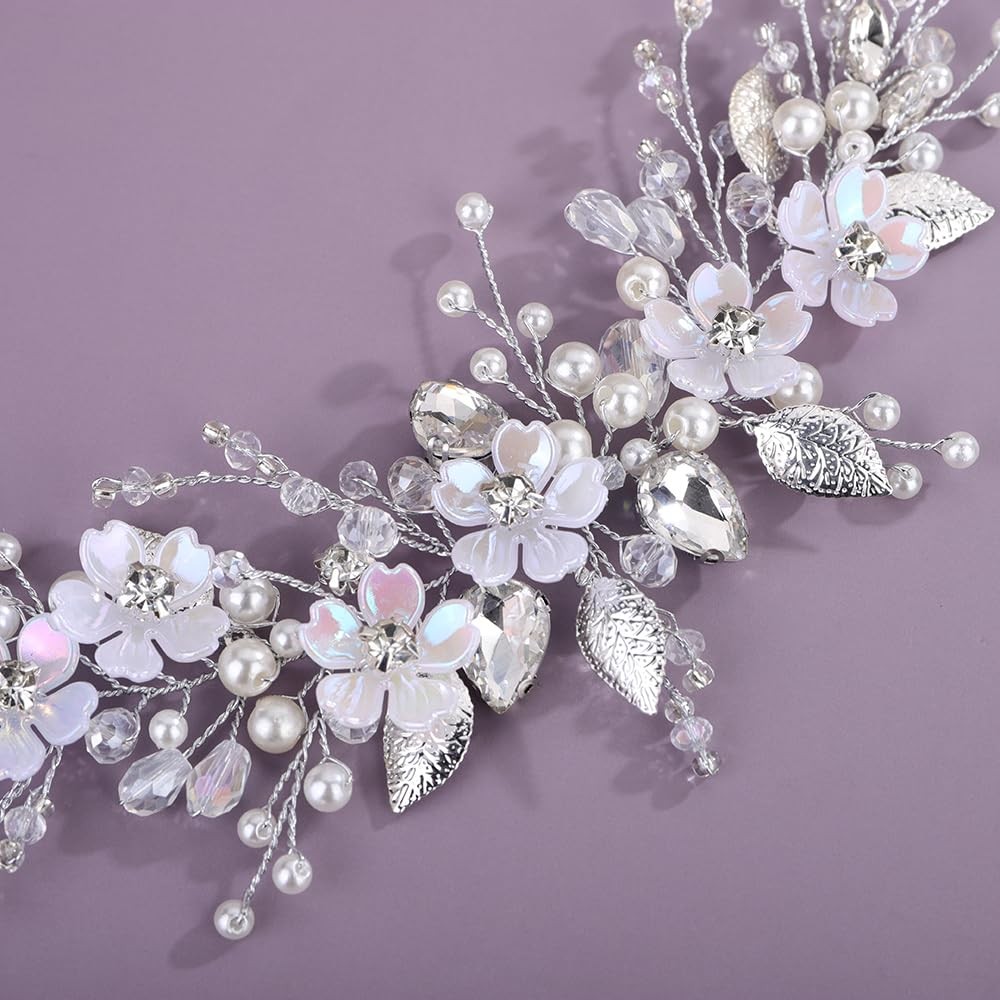 Flower Bride Wedding Hair Vine Leaf Crystal Pearl Teardrop Rhinestone Headband