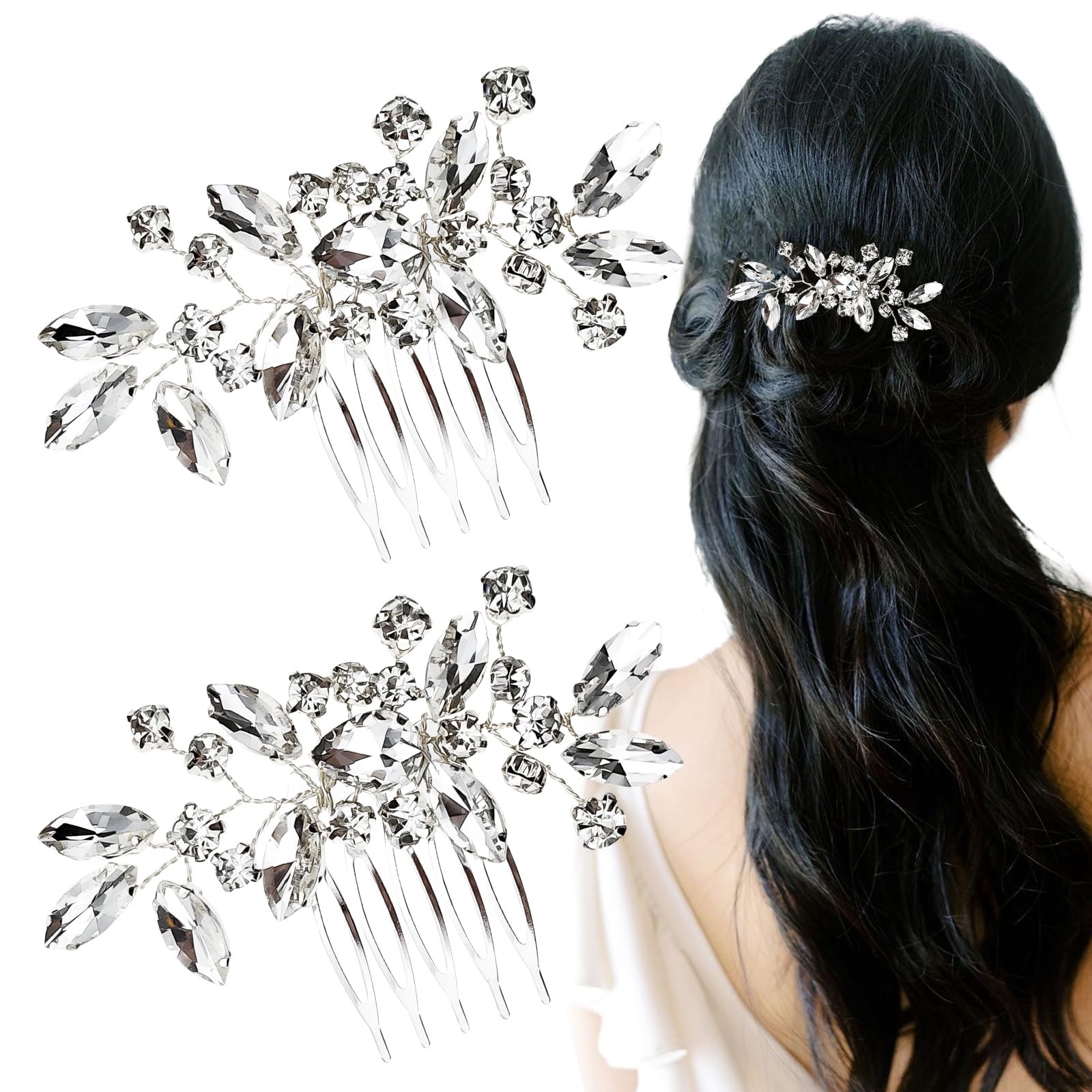 2PCS Silver Small Rhinestone Hair Combs, Clear Crystals Wedding Metal Hair Co…