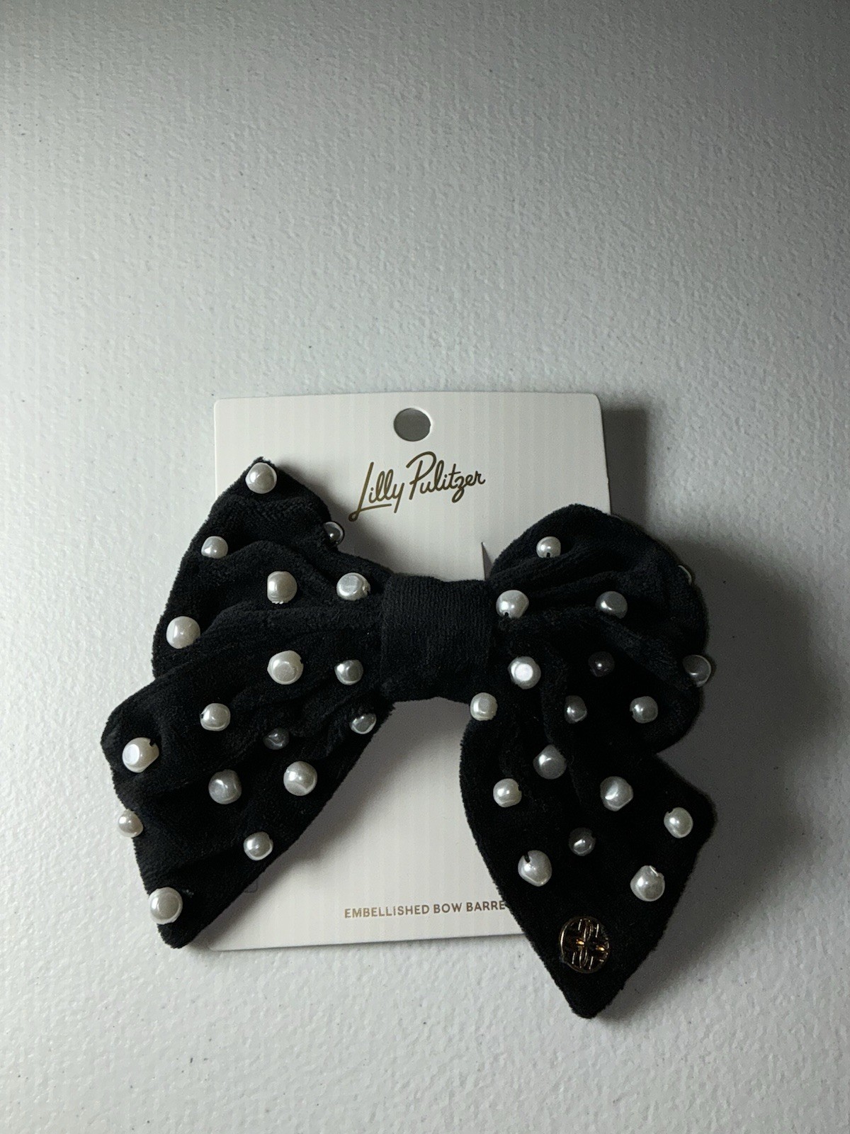 Lilly Pulitzer NWT Embellished Velvet & Pearl Bow Barrette Onyx