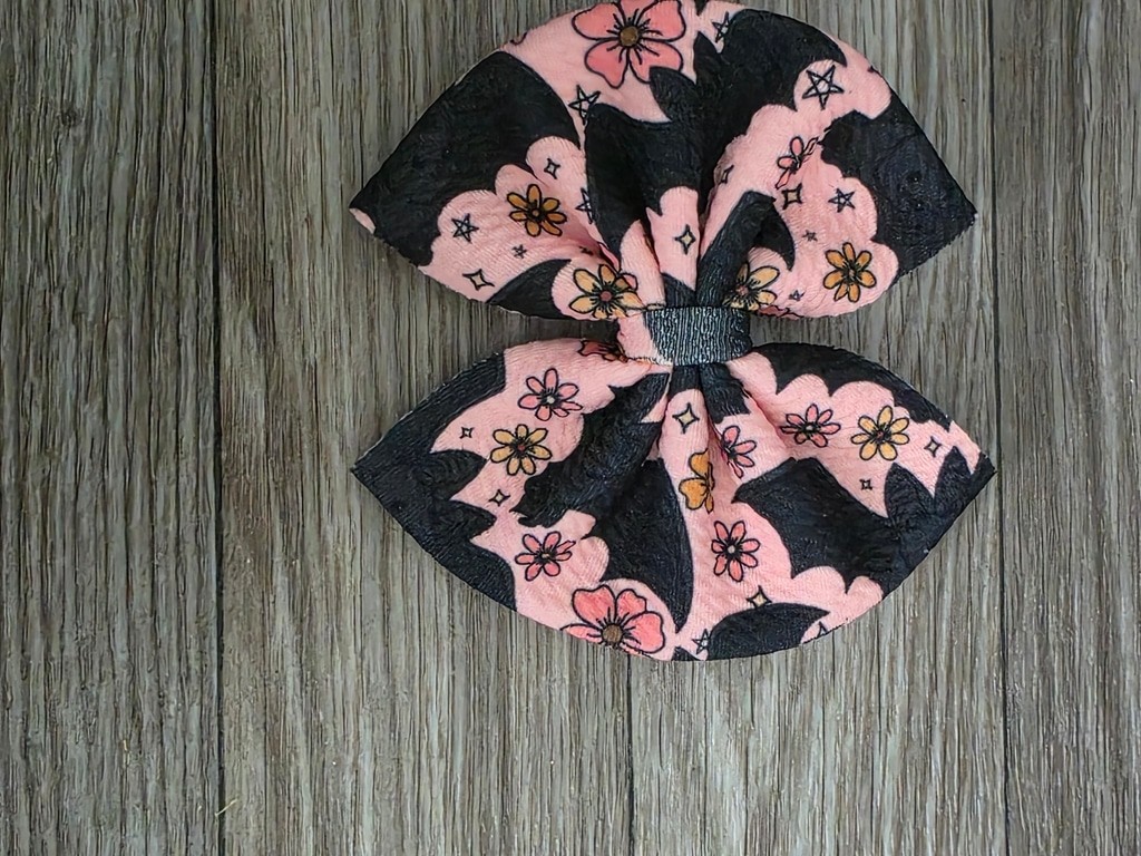 Hair Bow Pink Black Floral Bat Print on clip