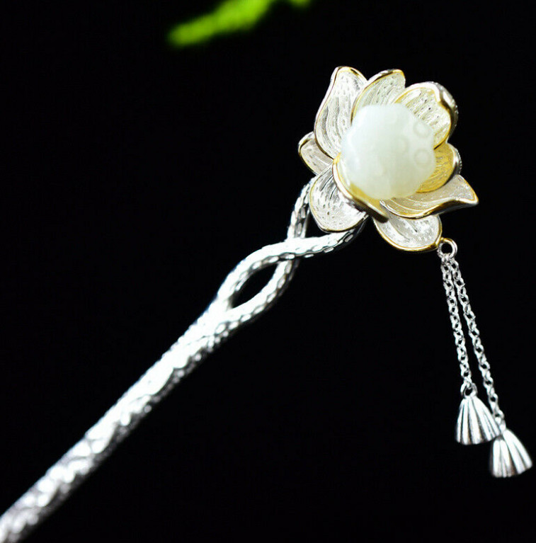 Hot Retro Silver Chinese Hetian Jade Lotus Hairpin Hanfu Hair Stick
