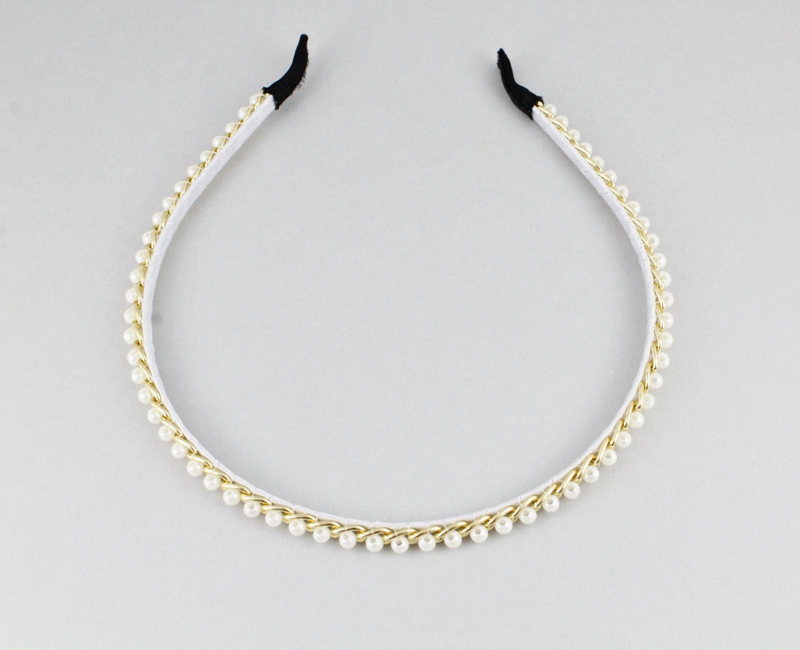 White faux pearl headband gold chain link thin skinny hair band accessory