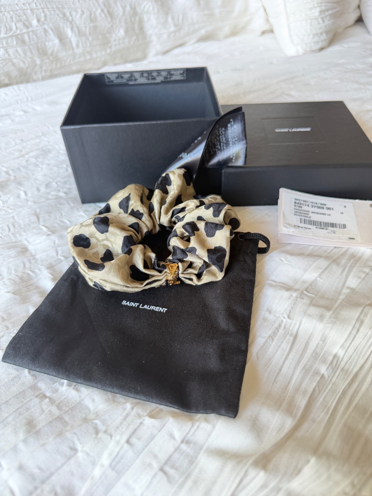 Saint Laurent Cassandre Leopard Silk Scrunchie Women’s Beige New