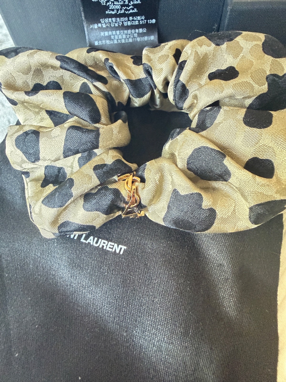 Saint Laurent Cassandre Leopard Silk Scrunchie Women’s Beige New