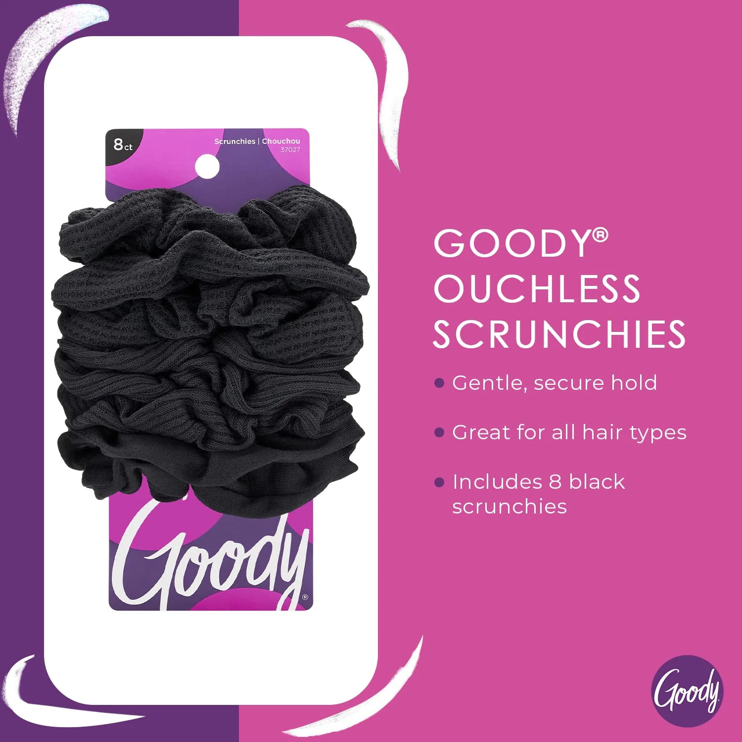 Goody Ouchless Jersey Scrunchies, 8 Ct, Black, Damage-Free, Dentless & Secure Ho