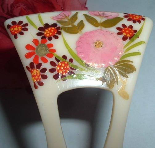 Vintage Hand Painted French Hair Stick Fork Bun Chignon