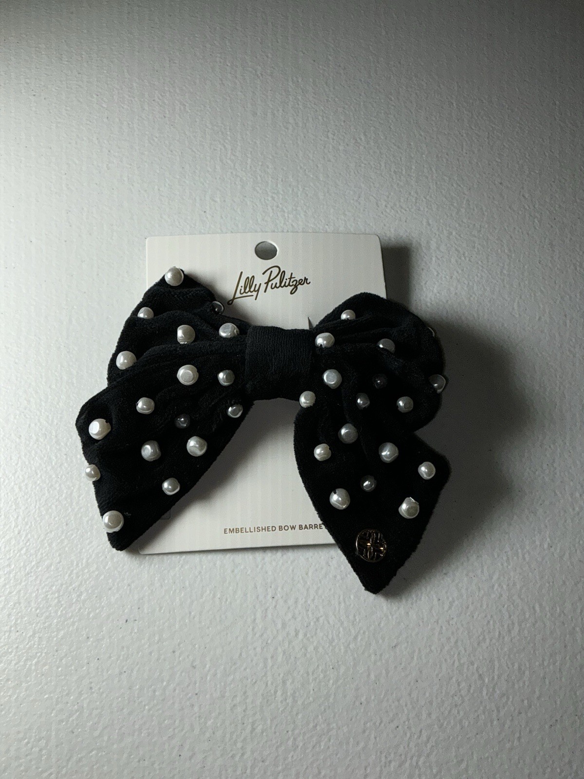 Lilly Pulitzer NWT Embellished Velvet & Pearl Bow Barrette Onyx