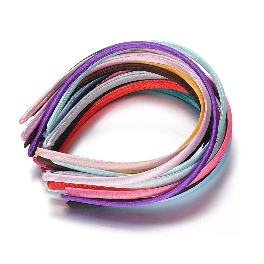 10Pcs Fashion Satin Solid Color Headband Colorful Fabric Covered Thin Plastic Ha