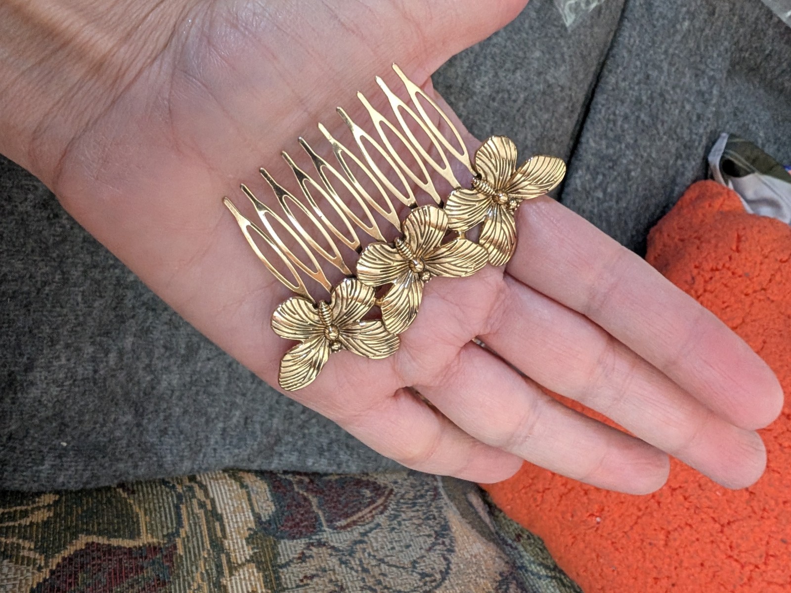 Gold Tone Hair Comb Barrette Butterfly Spring