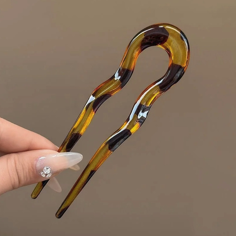 U-Shaped Hair Fork Tortoiseshell Acrylic Hair Stick Clip – NEW