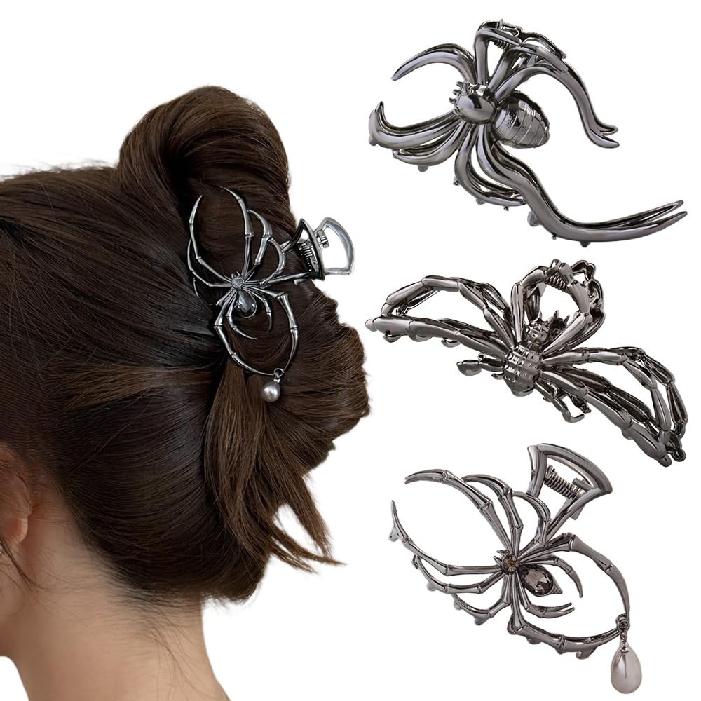 3 PCS Halloween Spider Hair Claw Clips Gothic Black Metal Pearl Black Gun