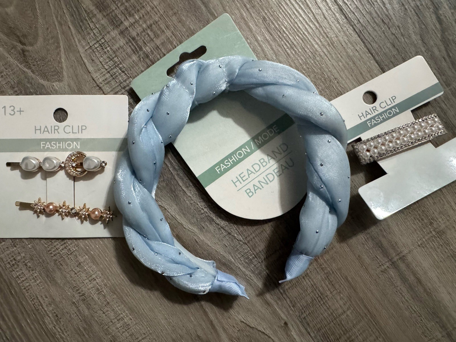 Light Blue Braided Headband Pearl Rhinestone Hair Clips Womens Accessory