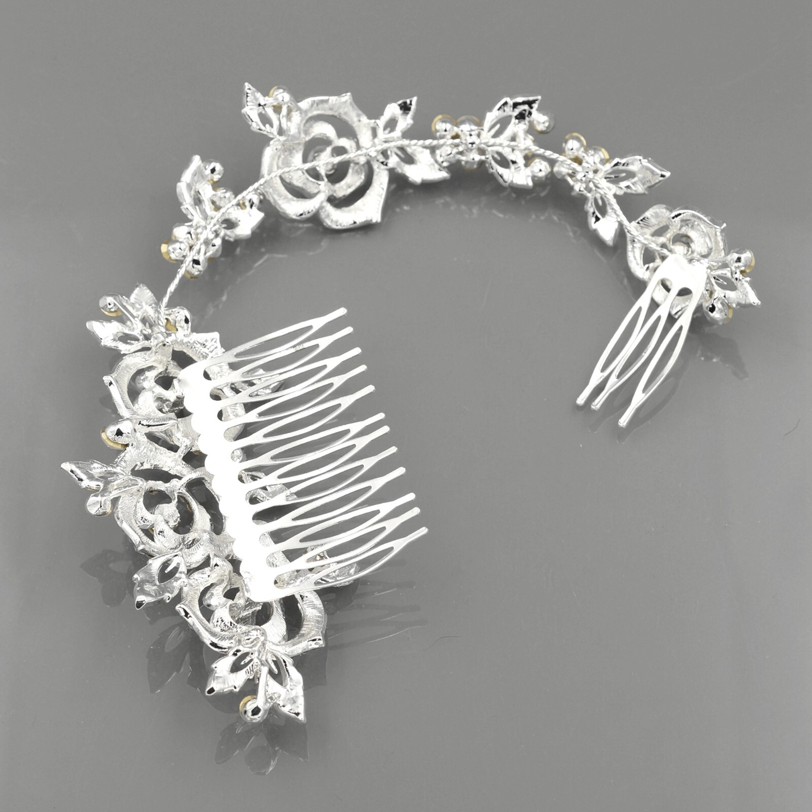 Bridal Hair Comb Crystal Rose Headpiece Wedding Accessories Silver Headband 0190