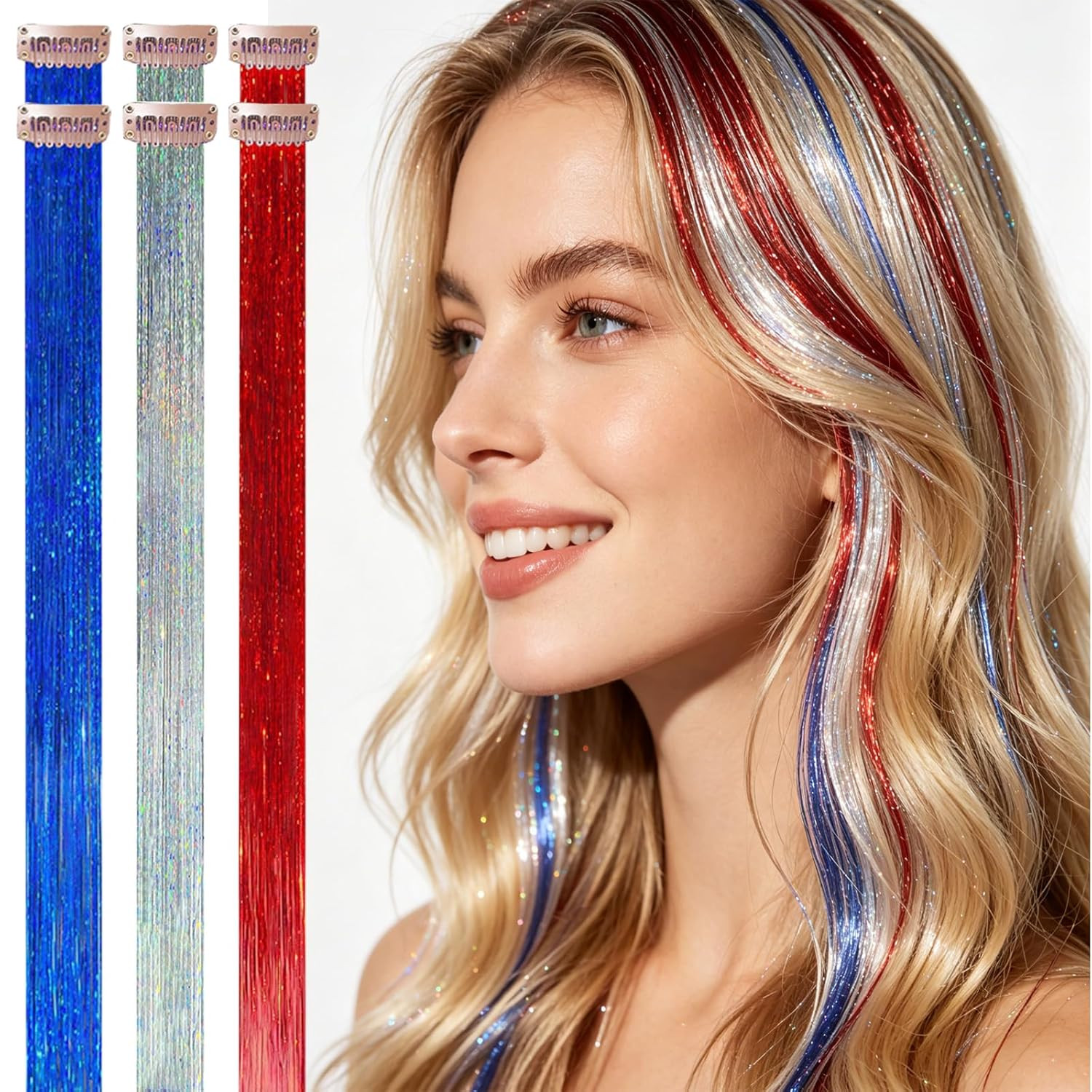 Red Silver Blue Mix Clip in Hair Tinsel 6Pcs Heat Resistant Sporty Hair Extensio
