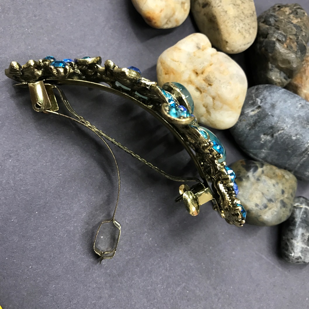 Antique Tone Flower Rhinestone Blue Color Hair Clip Barrette HA9028 dec