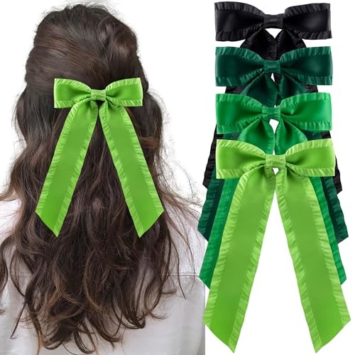 4PCS Ruffle Layered Hair Bows Alligator Clips Big Bowknot Barrettes Black/Green