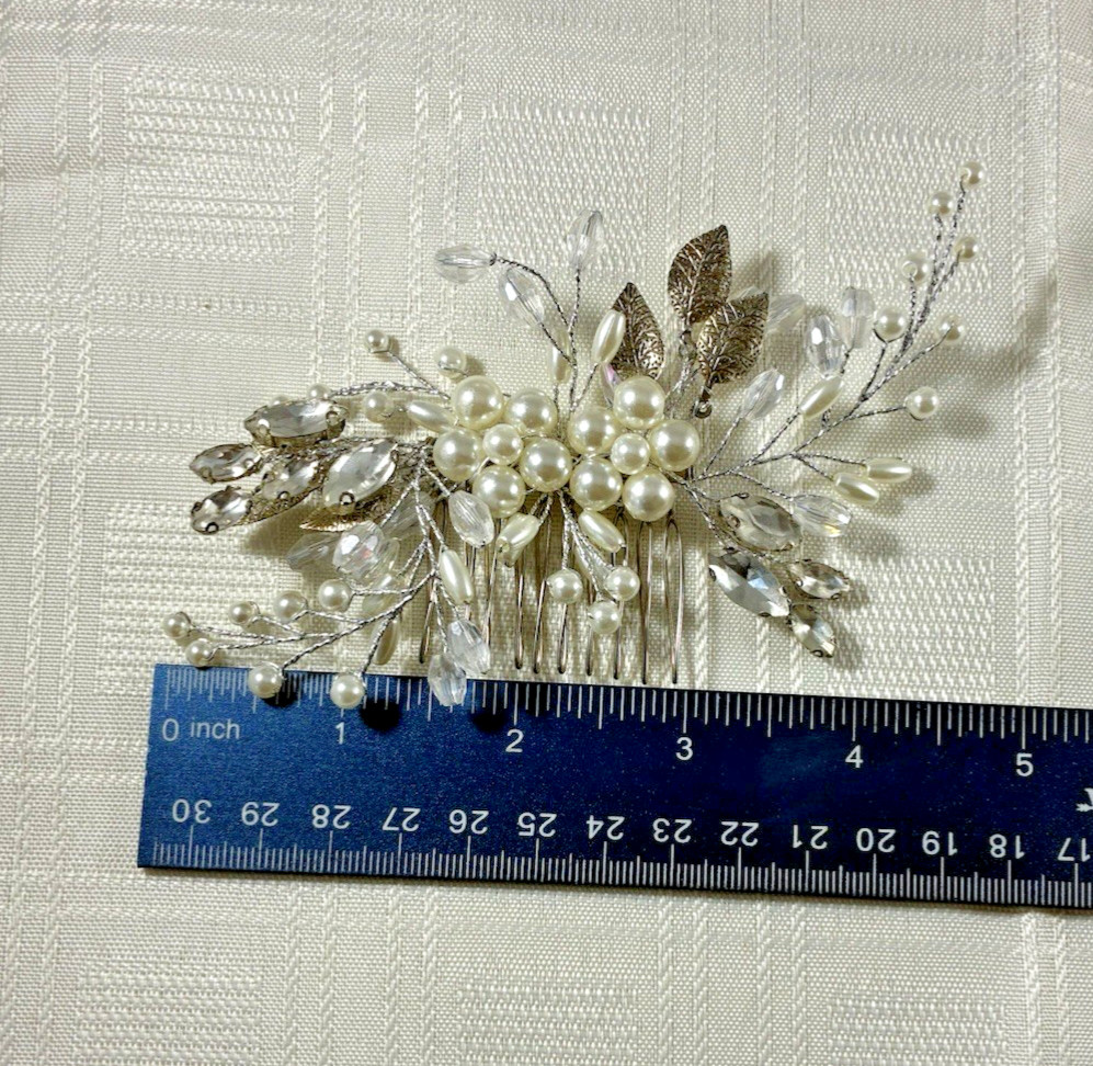 Silver Floral Wedding Hair comb pin with Faux Pearls & Clear Crystal Accents