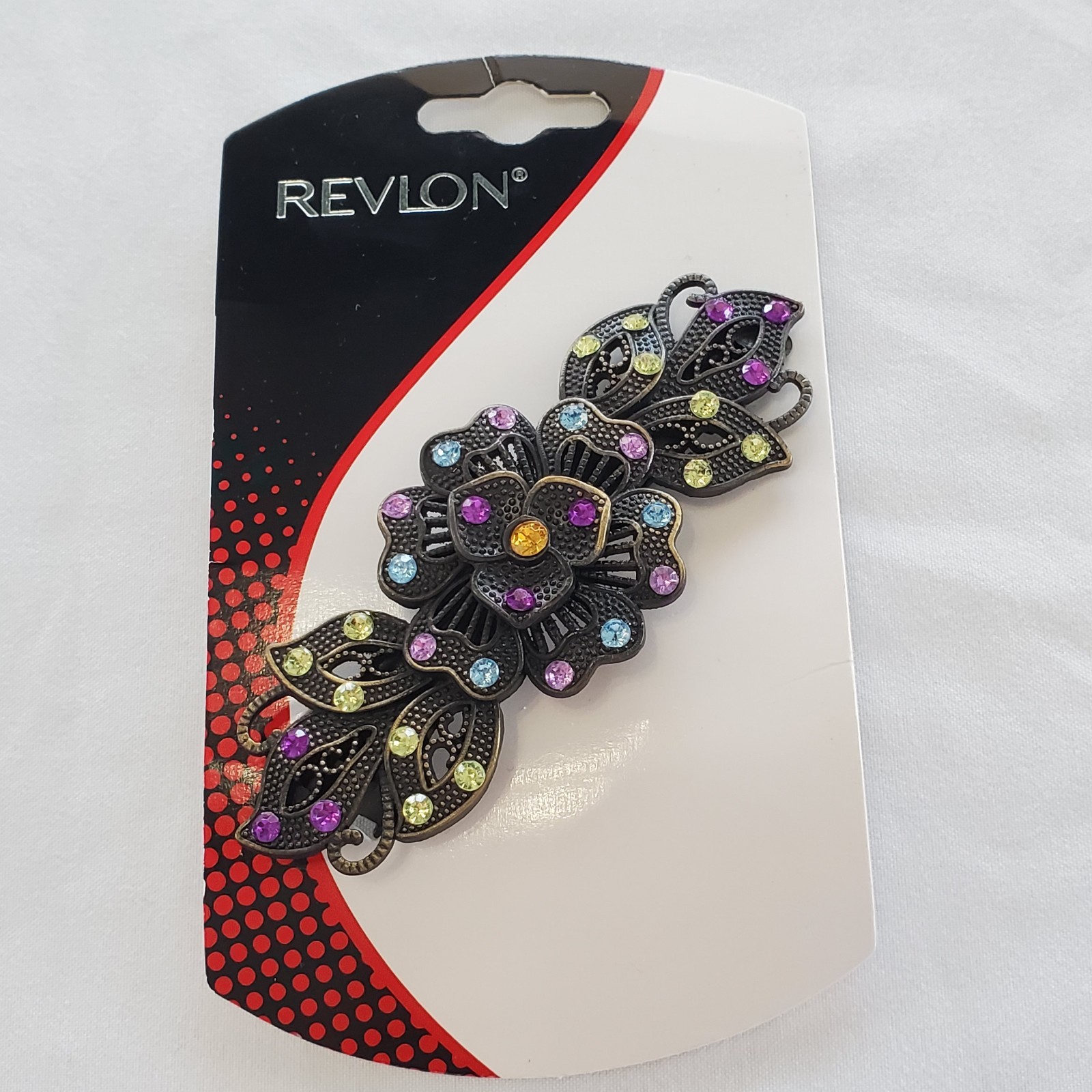 Revlon Metal Flower Hair Barrette Clip Colorful Rhinestones Floral YTK Look New
