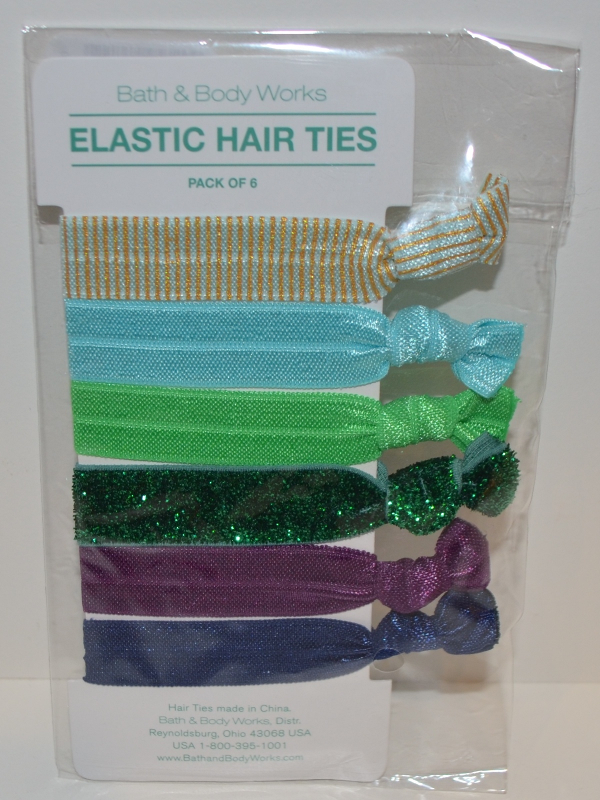 BATH & BODY WORKS PACK OF 6 ELASTIC HAIR TIES SCRUNCHIES GREEN SPARKLY BLUE CUTE