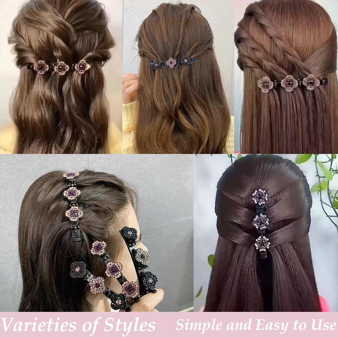8 Pcs Sparkling Crystal Stone Braided Hair Clover Clips for Thick Thin Hair*NEW*