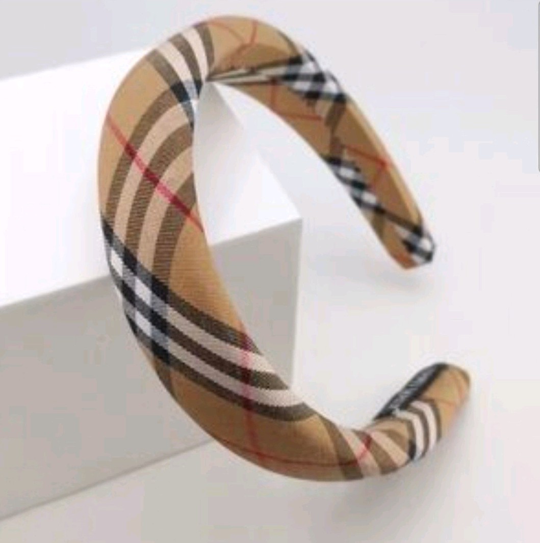 Beige Plaid Padded Headband Women Retro Tweed Hair Band Classic Tartan Style