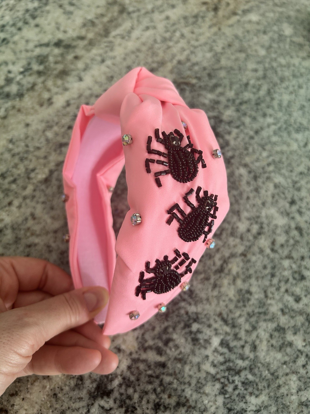Beaded Top Knot Halloween Headband Pink With Black Jewel spiders And Cryatals