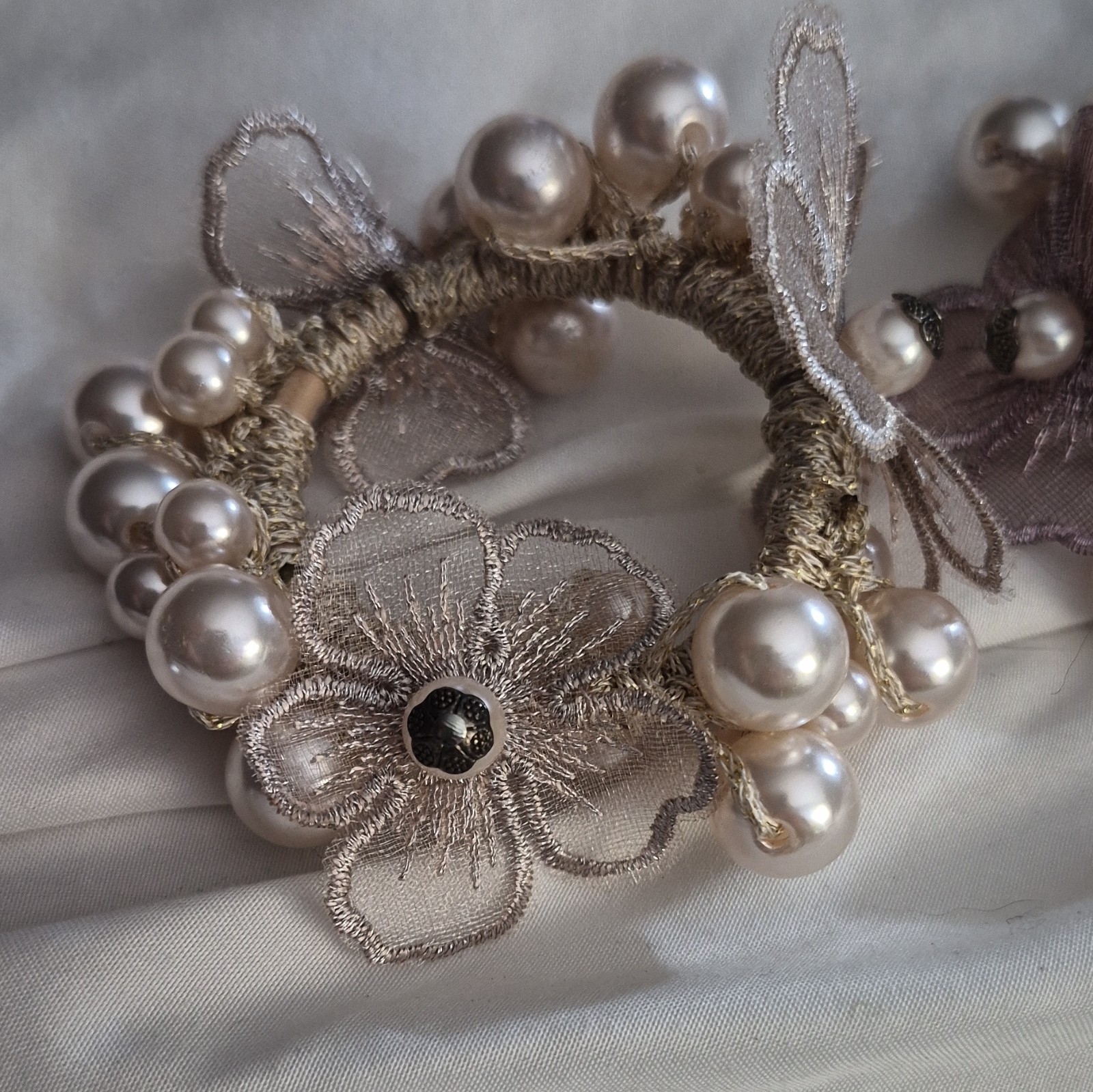 Floral Pearl Beaded Fabric Elastic Scrunchie Hair Tie Set 2 Beige Mauve
