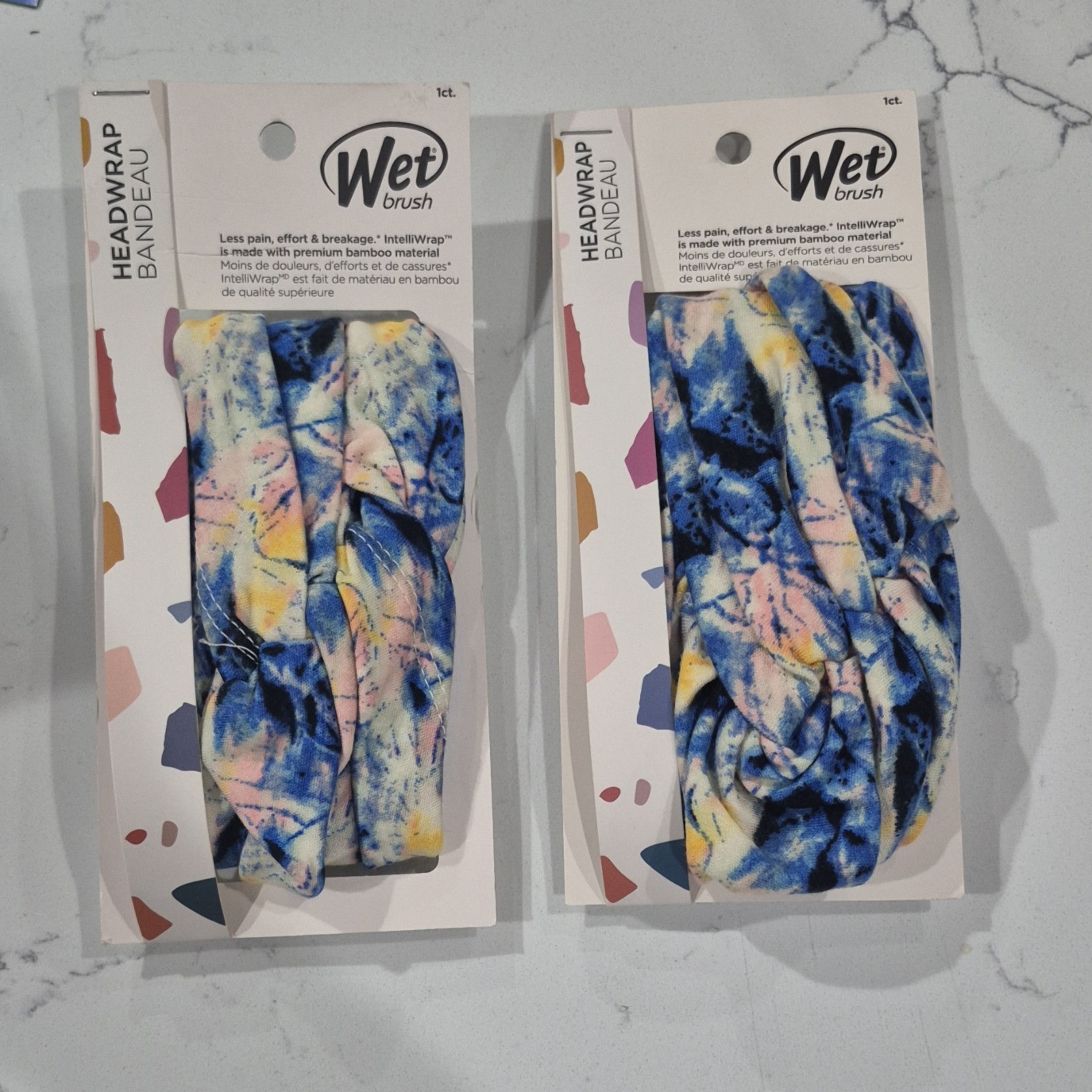2 pack Wet Brush Headwrap Bamboo Cotton Tie Dye Blue Pink Yellow Eco-Friendly