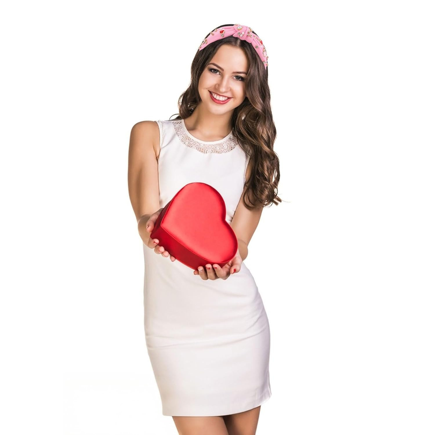 2 PCS Valentines Headbands for Women Cute Heart Knot Hairband White Pearl Rhines