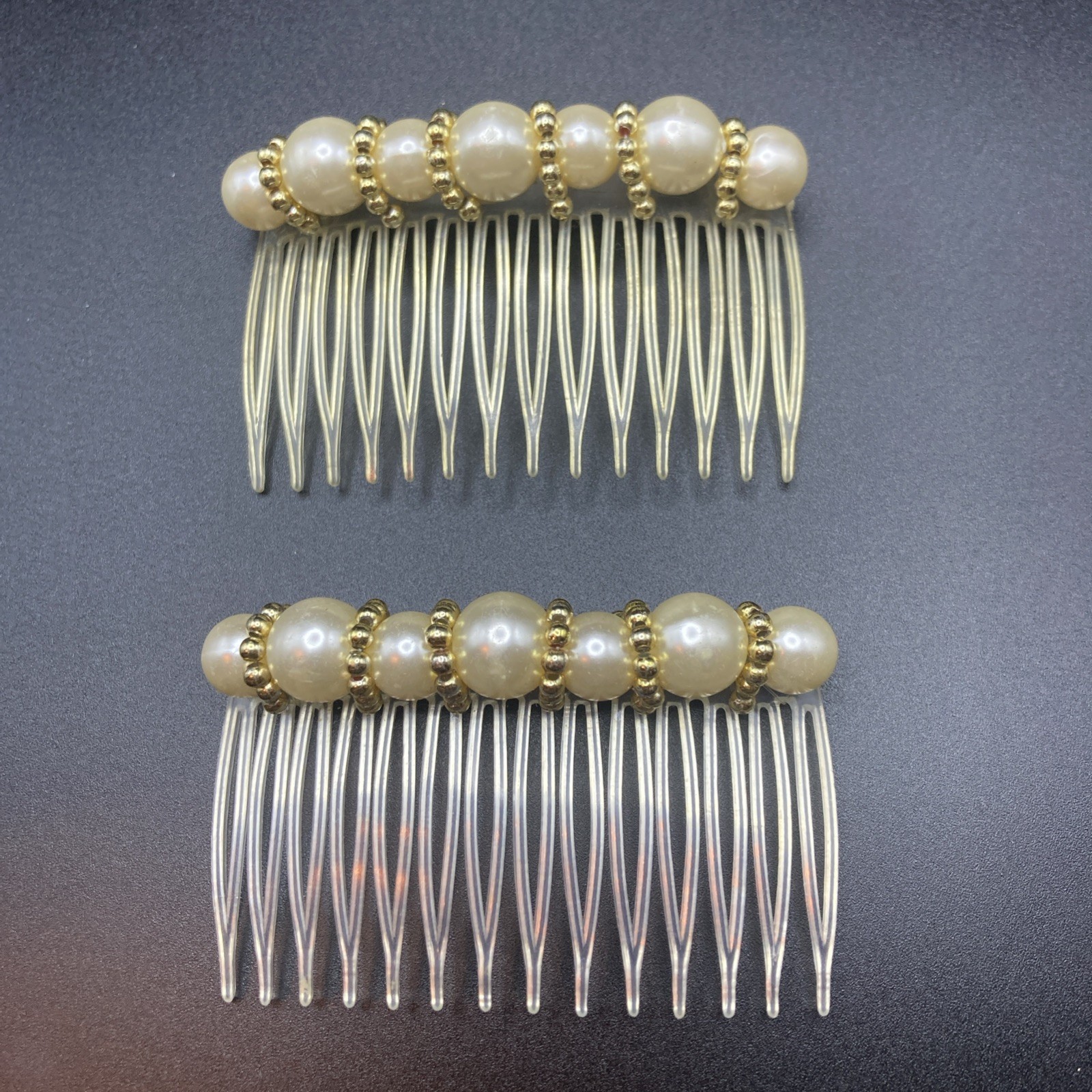 Vintage White Pearl Hair Combs Set Gold Tone Faux Pearl Bridal Prom Wedding 3″ L