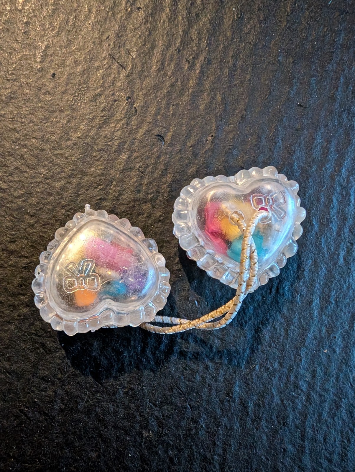 Vintage Claire’s Ponytail Holder Clear Hearts W/ Multicolor Loose Chips Inside