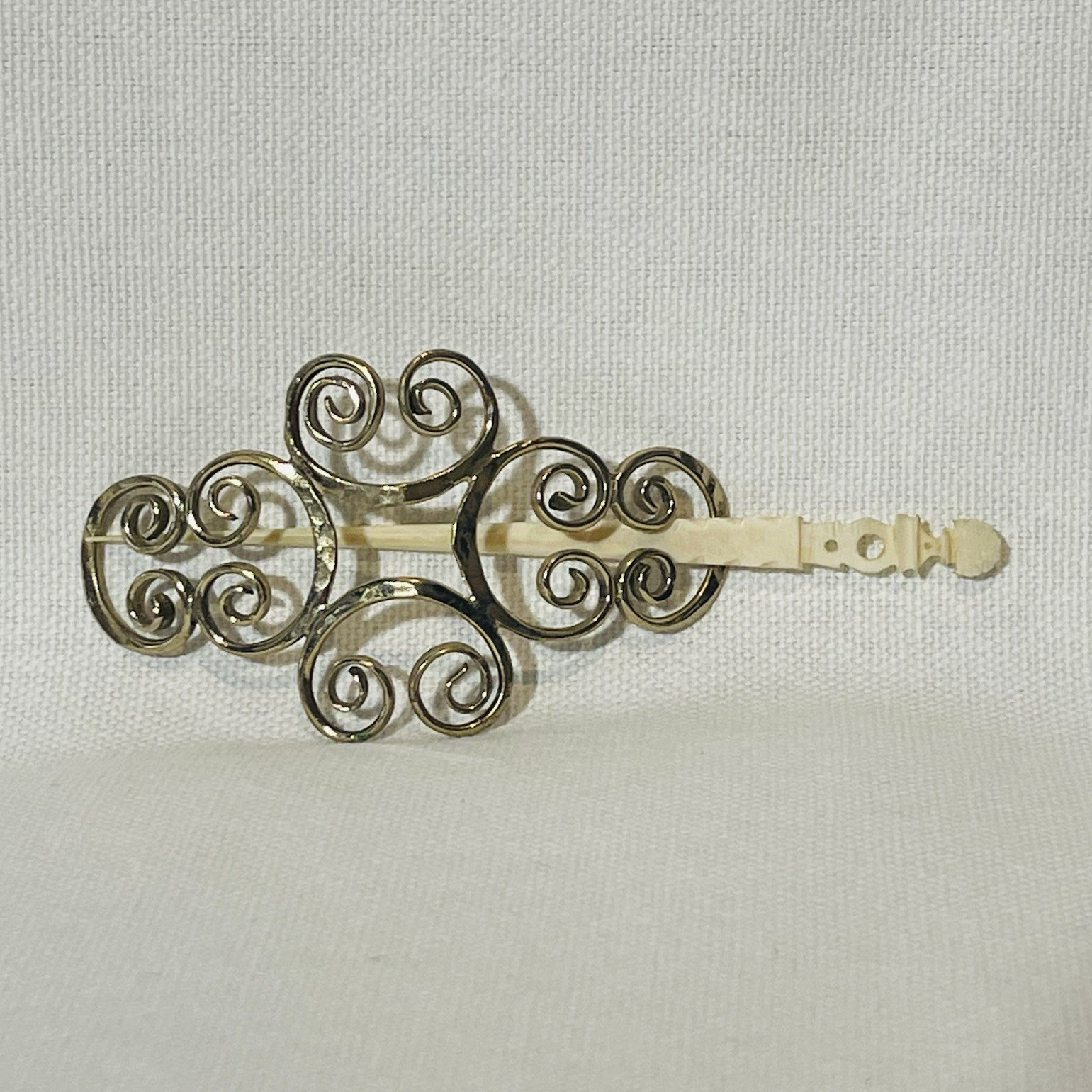 Vintage Gold Tone Swirl Hair Slide Bun Holder Carved Ivory Stick Pin Accessory