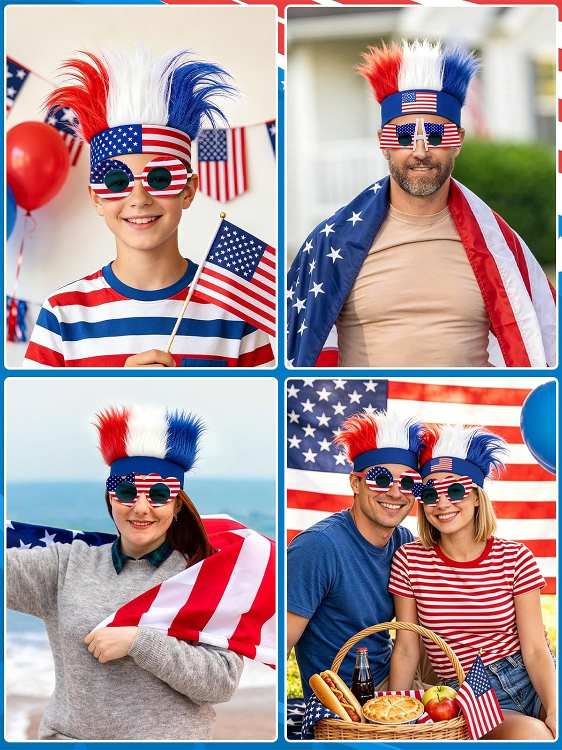 4Th of July Accessories Kit, Hairy Headband Red White Blue Glasses 4Th of July O