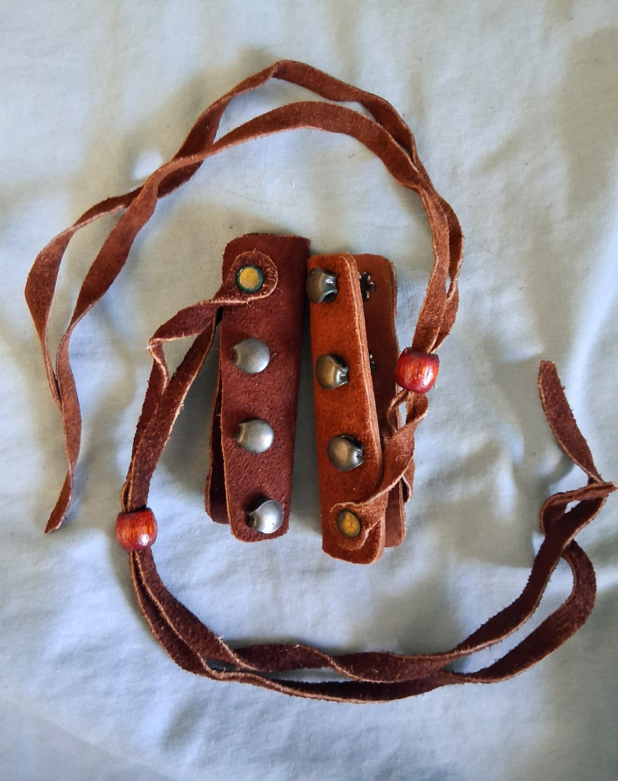 2 Brown Leather Hair Ponytail Braid Wrap Cuff Lace Up Wooden Bead Southwestern