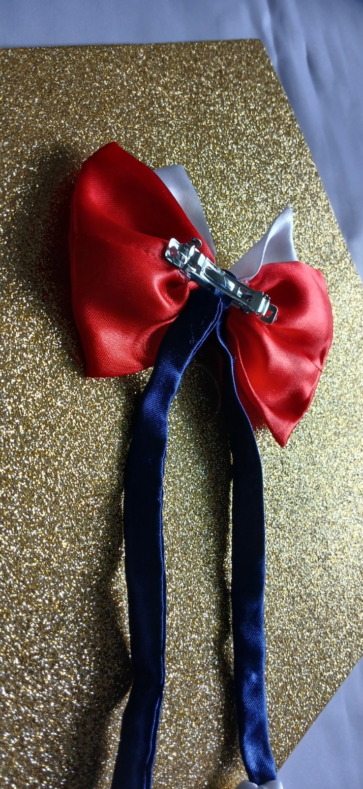 Set of 2 Red & White Satin Bow Hair Clip Barrettes w/ Long Blue Ribbon Tails
