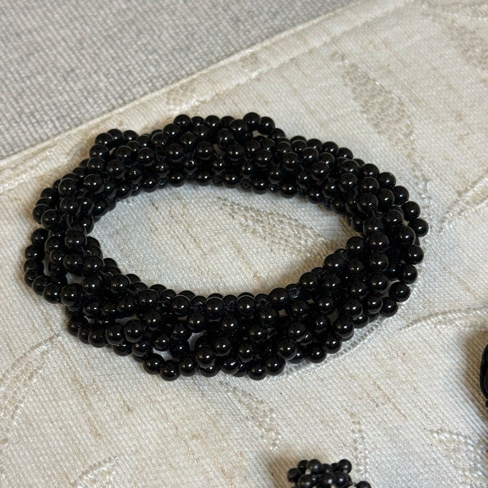 LELET NY Designer Hair Set: 3pc Black Beaded & Hand-Knotted Luxury Scrunchies