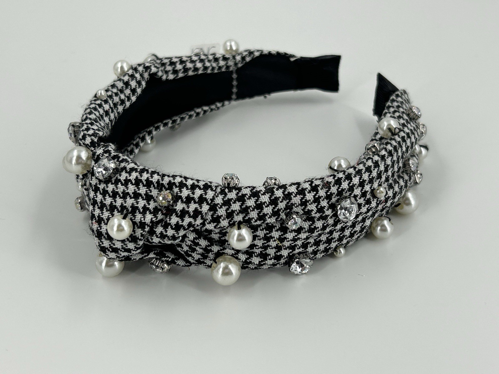 NEW ICING Claires Headband Black white Plaid Faux Pearl Rhinestones Studs Womens