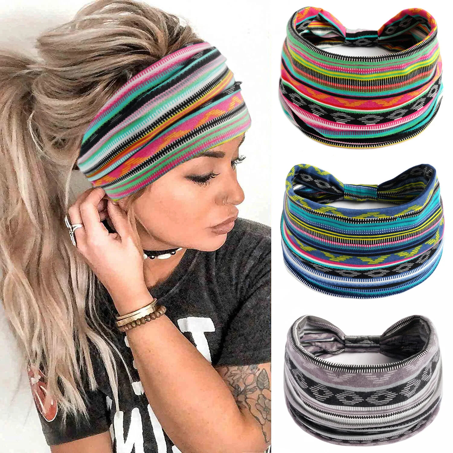 Bohemian Headbands for Women Cashew Flower Head Band Yoga Sports Hairband wide