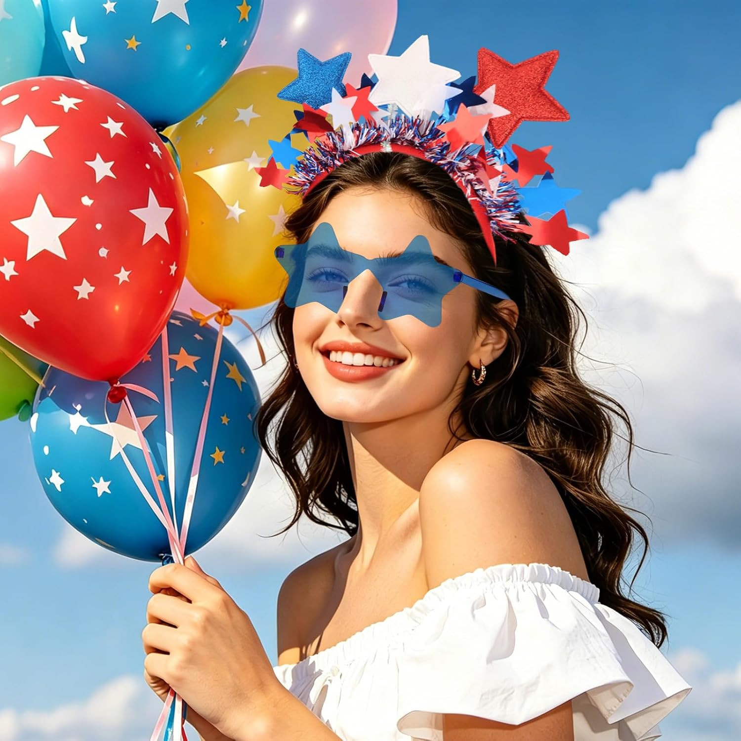 Patriotic Star Headband with Tinsel & Star Sunglasses – Red White Blue Accessori
