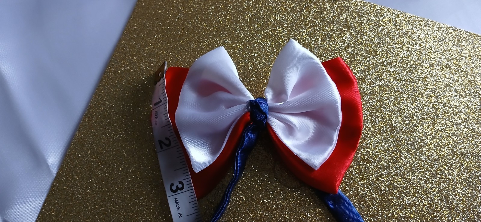 Set of 2 Red & White Satin Bow Hair Clip Barrettes w/ Long Blue Ribbon Tails