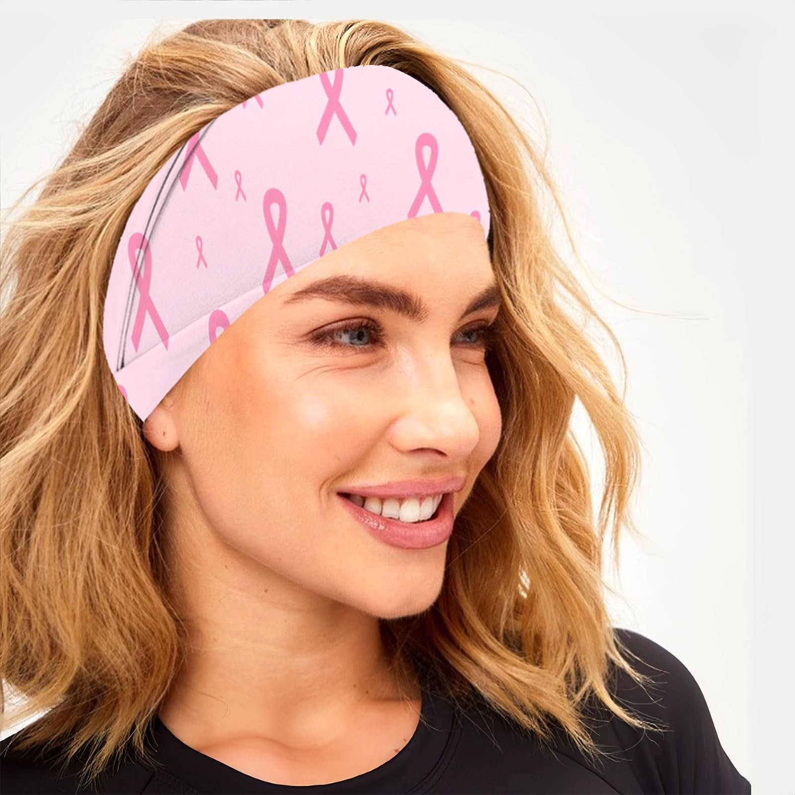 5 PCS Pink Ribbon Breast Cancer Awareness Headbands Elastic Wide Hair Band