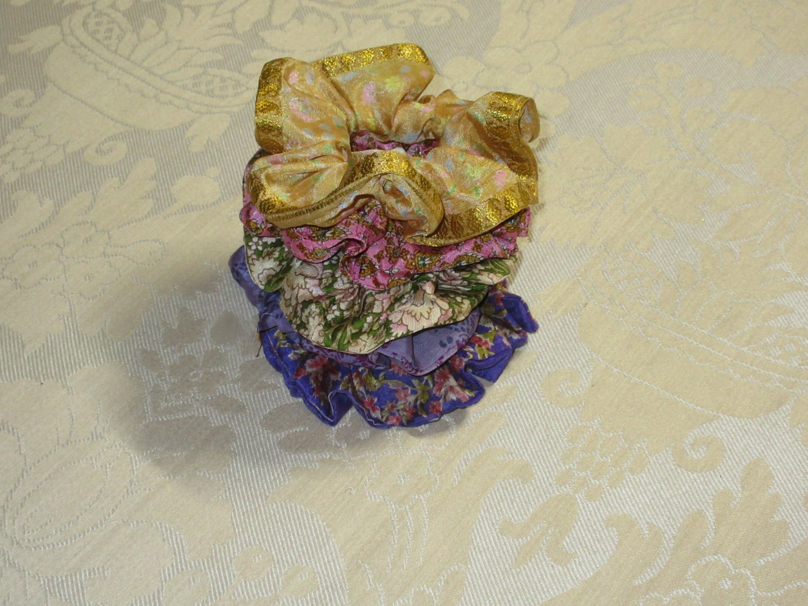 Handmade Boho Multicolor Silk Sari Floral Scrunchie Lot 5pc Pink Purple Gold