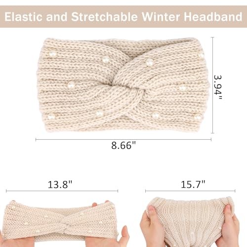 4Pcs Ear Warmers Winter Headbands for Women with Pearls, Knit Winter Headbands