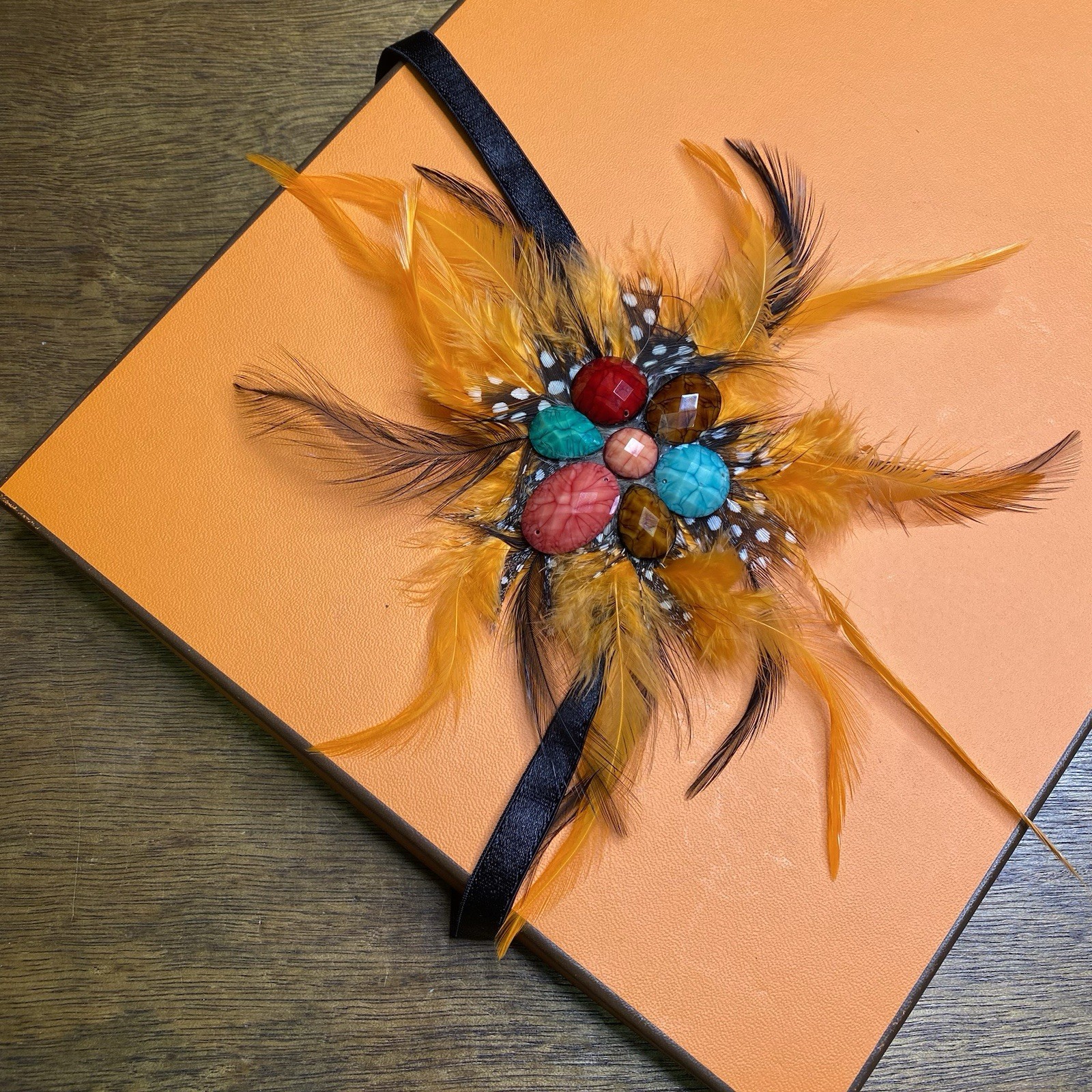 Feather Headband Elastic Strap Orange Black Fascinator Boho Hair Accessory