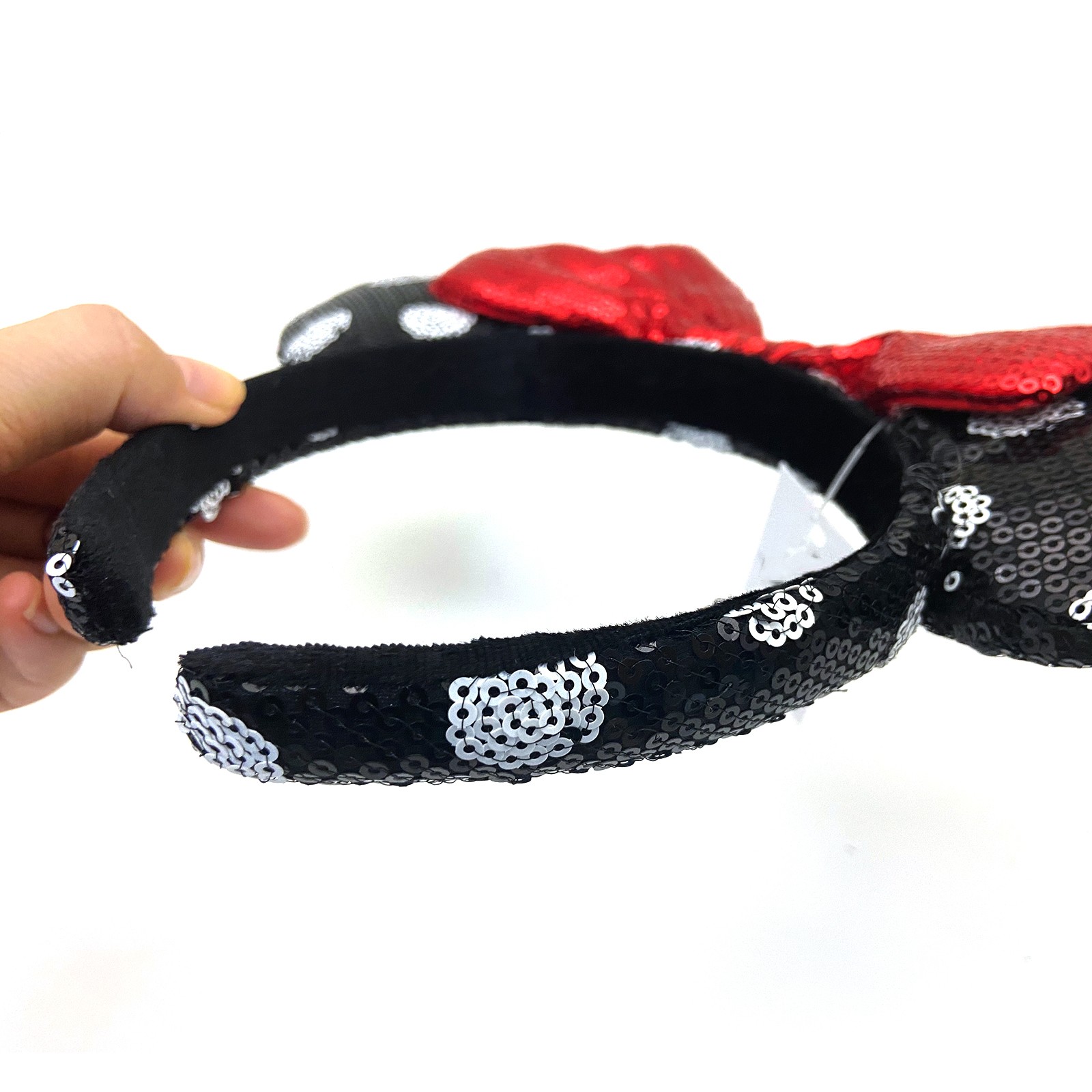Disney-Parks Minnie Mouse Sequined Black White Polka Dot Red Bow Ears Headband-