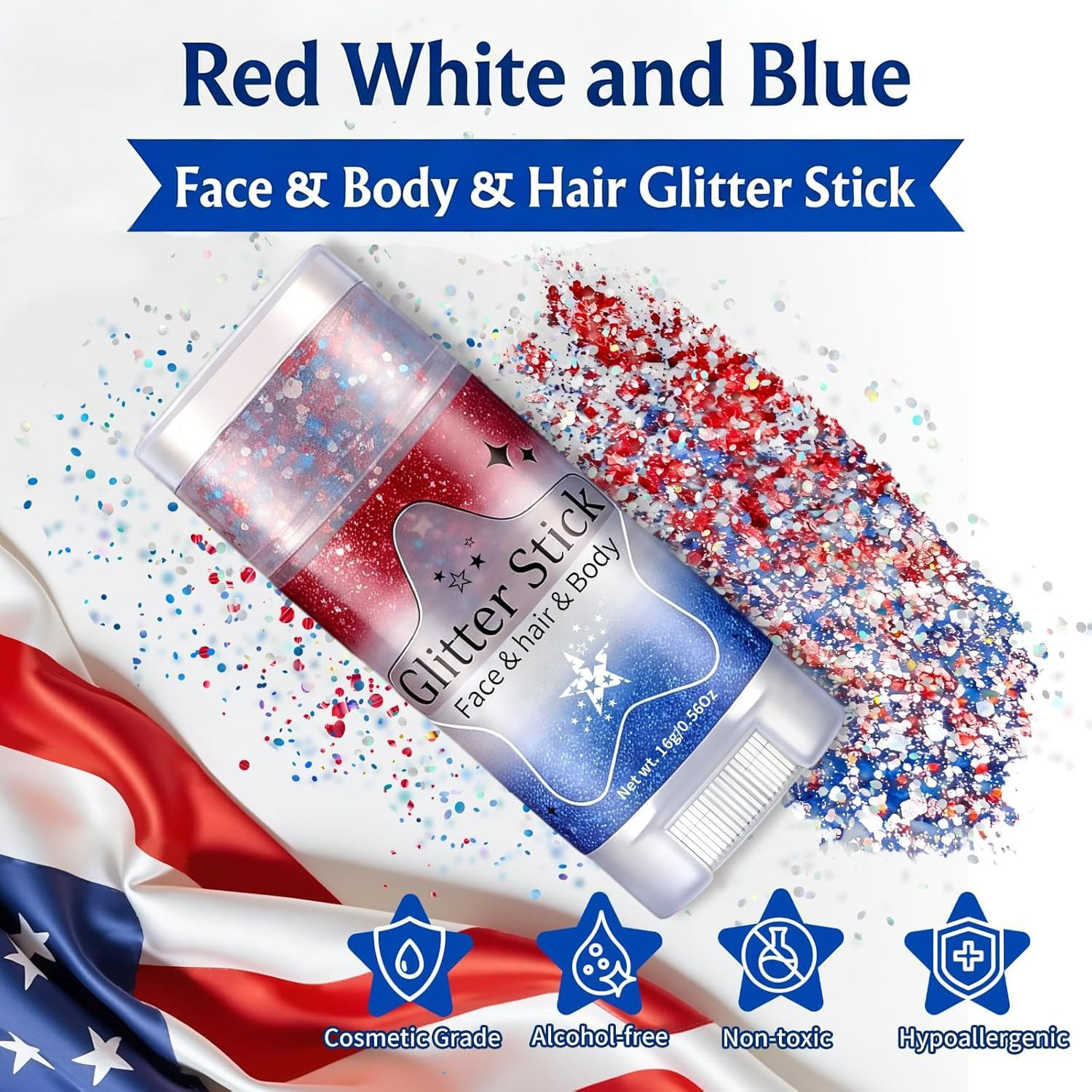 6Pcs Red White Blue Hair Glitter Stick, 4 Styles Face & Body Glitter | Waterproo