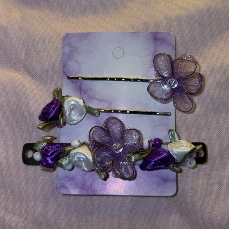 Handmade Purple & White Floral Hair Accessory Set – 3 Piece